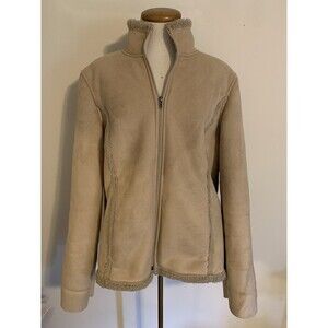 LL Bean Jacket Womens L Beige Sherpa Lined Faux Suede Embroidered Floral